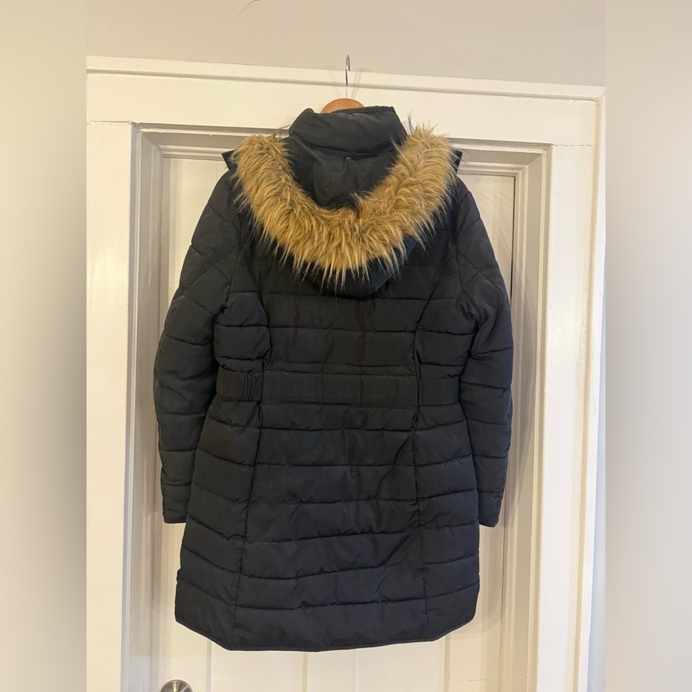 Tommy Hilfiger Black Puffer Coat with Faux Fur-Lined Hood